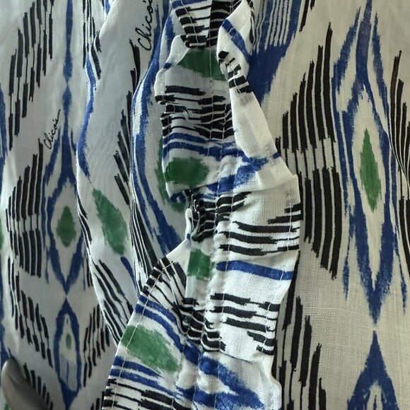 Chicos Womens Top Blouse runched sleeve White Blue Black Size 12 - Picture 5 of 7